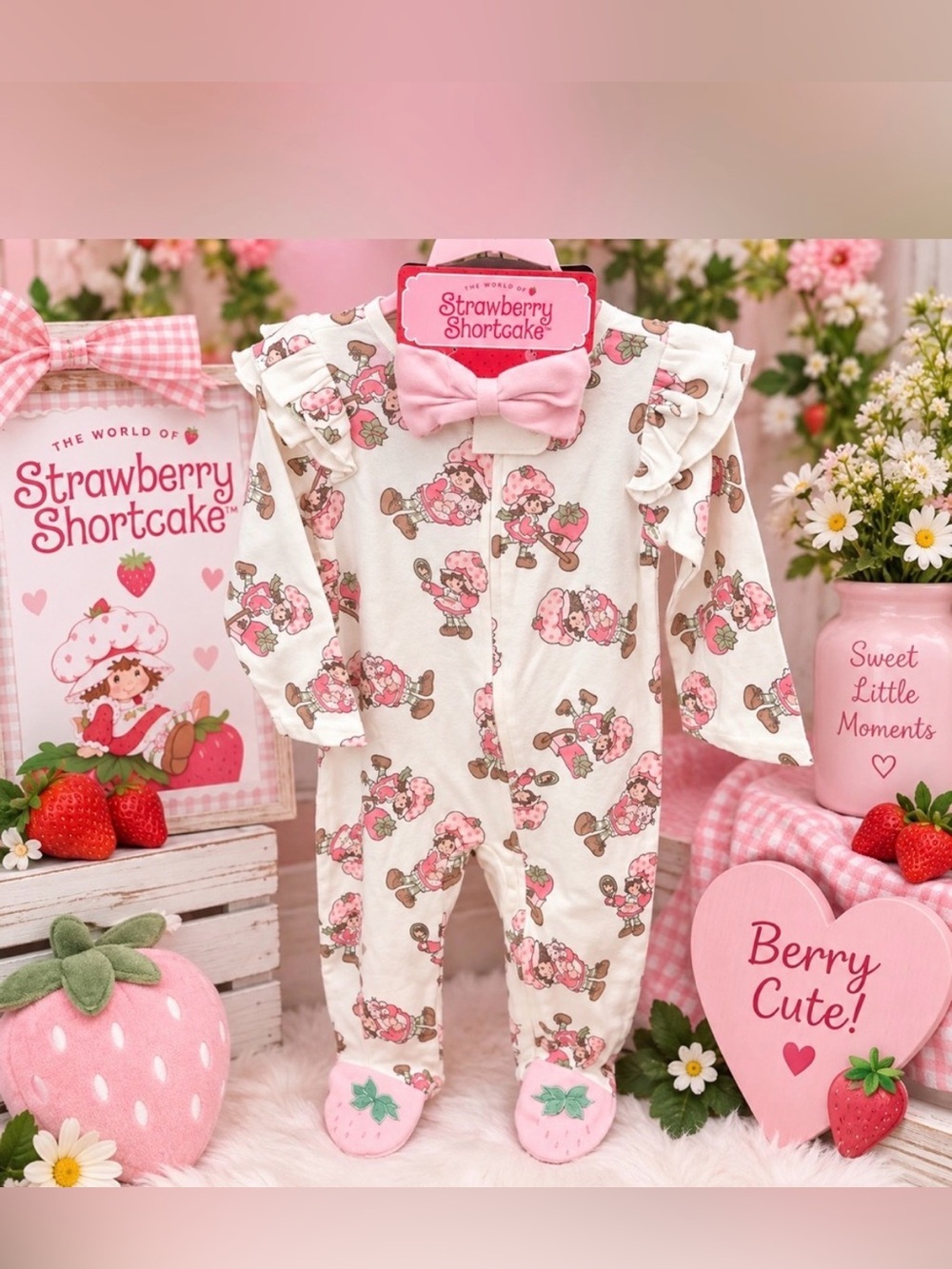 Strawberry Shortcake Baby Girls Footed Sleeper 0-3 M Ruffle Bow Headband NWT